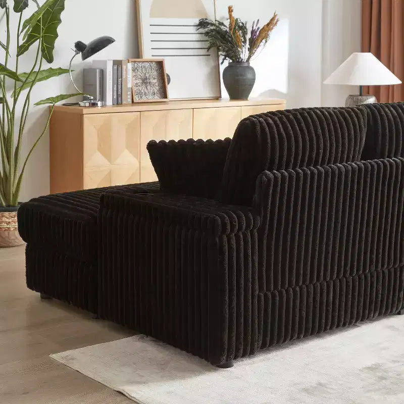 Canapé 3 places en velours côtelé de 213 cm avec 3 coussins de dossier, 2 coussins décoratifs, 2 poufs, 2 espaces de rangement et porte-gobelets