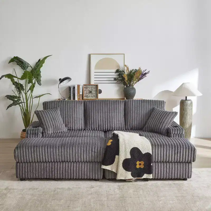 Canapé 3 places en velours côtelé de 213 cm avec 3 coussins de dossier, 2 coussins décoratifs, 2 poufs, 2 espaces de rangement et porte-gobelets
