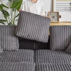 Canapé 3 places en velours côtelé de 213 cm avec 3 coussins de dossier, 2 coussins décoratifs, 2 poufs, 2 espaces de rangement et porte-gobelets
