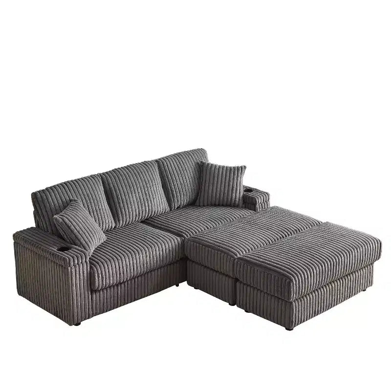 Canapé 3 places en velours côtelé de 213 cm avec 3 coussins de dossier, 2 coussins décoratifs, 2 poufs, 2 espaces de rangement et porte-gobelets