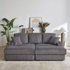 Canapé 3 places en velours côtelé de 213 cm avec 3 coussins de dossier, 2 coussins décoratifs, 2 poufs, 2 espaces de rangement et porte-gobelets