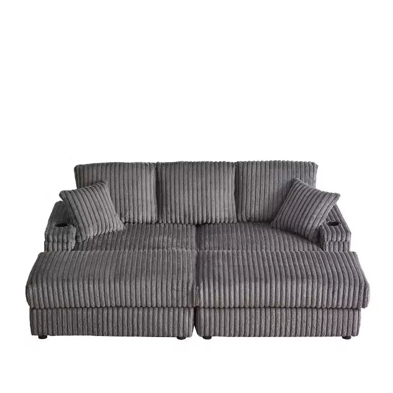 Canapé 3 places en velours côtelé de 213 cm avec 3 coussins de dossier, 2 coussins décoratifs, 2 poufs, 2 espaces de rangement et porte-gobelets