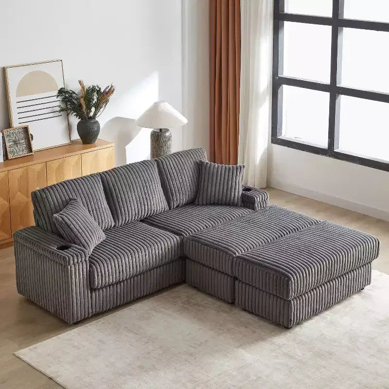 Canapé 3 places en velours côtelé de 213 cm avec 3 coussins de dossier, 2 coussins décoratifs, 2 poufs, 2 espaces de rangement et porte-gobelets
