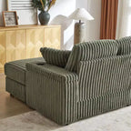 Canapé 3 places en velours côtelé de 213 cm avec 3 coussins de dossier, 2 coussins décoratifs, 2 poufs, 2 espaces de rangement et porte-gobelets