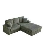 Canapé 3 places en velours côtelé de 213 cm avec 3 coussins de dossier, 2 coussins décoratifs, 2 poufs, 2 espaces de rangement et porte-gobelets