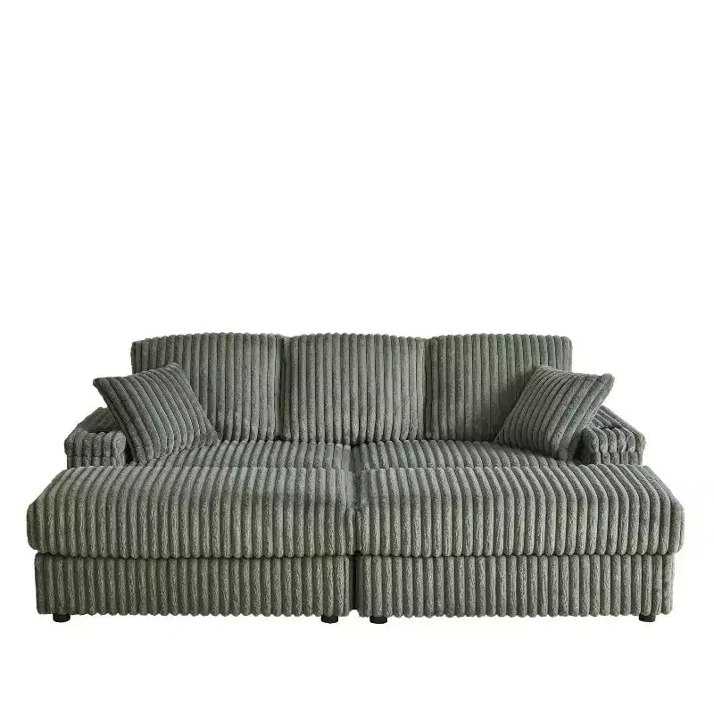 Canapé 3 places en velours côtelé de 213 cm avec 3 coussins de dossier, 2 coussins décoratifs, 2 poufs, 2 espaces de rangement et porte-gobelets