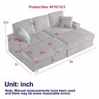 Canapé 3 places en velours côtelé de 213 cm avec 3 coussins de dossier, 2 coussins décoratifs, 2 poufs, 2 espaces de rangement et porte-gobelets
