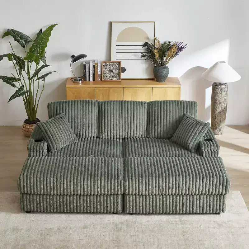 Canapé 3 places en velours côtelé de 213 cm avec 3 coussins de dossier, 2 coussins décoratifs, 2 poufs, 2 espaces de rangement et porte-gobelets