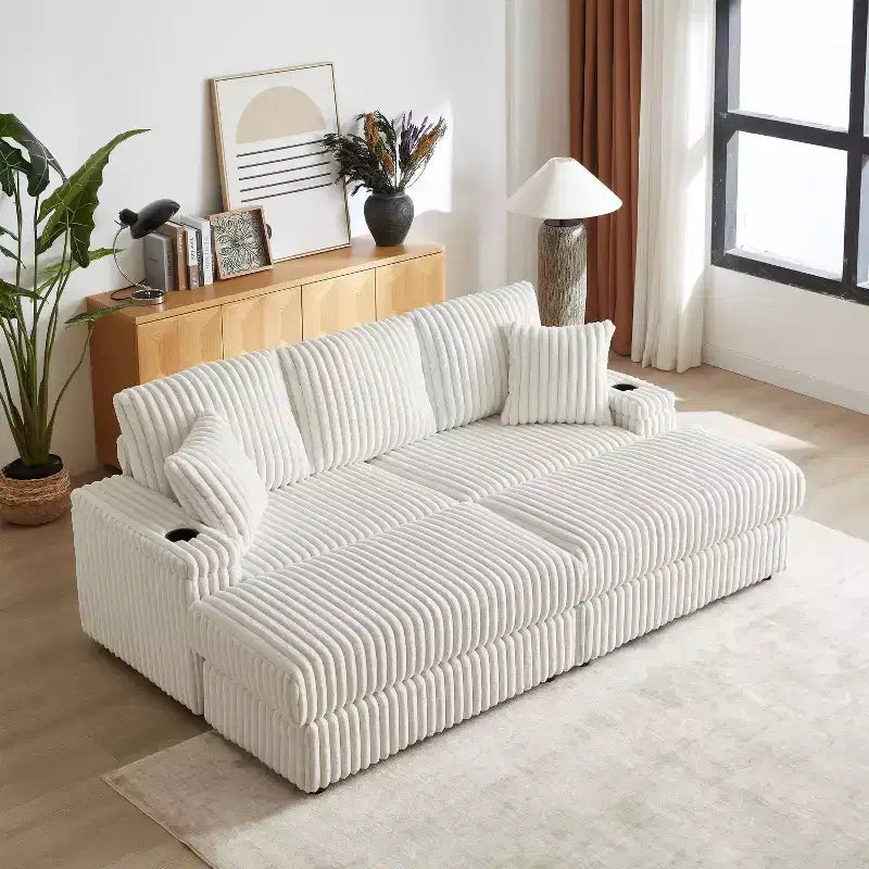 84-Inch Corduroy 3-Seater Sofa with 3 Back Pillows, 2 Toss Pillows, 2 Ottoman, 2 Storage Spaces and Cup-Holding Grooves