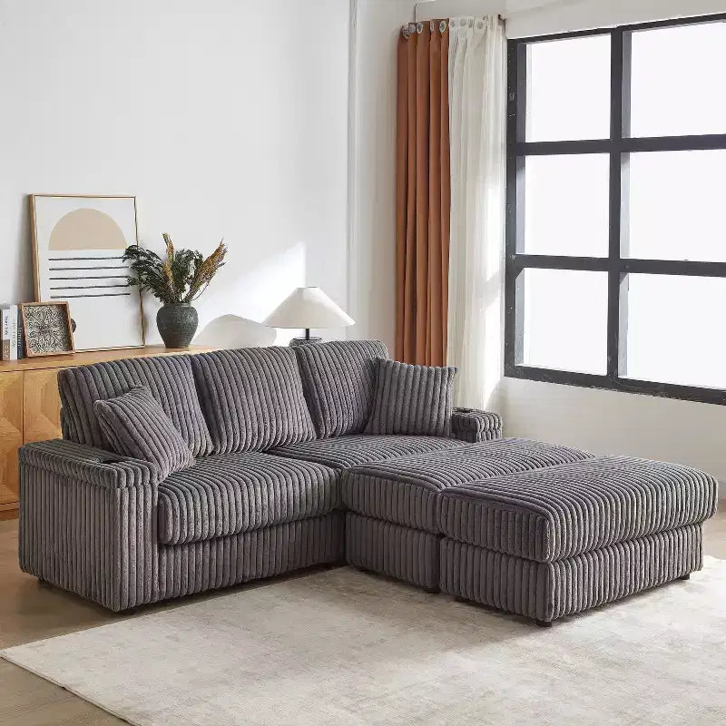 84-Inch Corduroy 3-Seater Sofa with 3 Back Pillows, 2 Toss Pillows, 2 Ottoman, 2 Storage Spaces and Cup-Holding Grooves