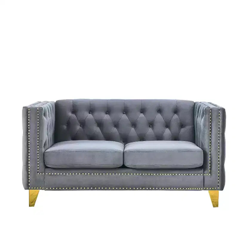Button-Tufted Velvet Sofa with Square Arms and Metal Legs - Modern Upholstered Couch for Living Room or Bedroom