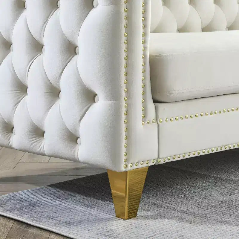 Button-Tufted Velvet Sofa with Square Arms and Metal Legs - Modern Upholstered Couch for Living Room or Bedroom