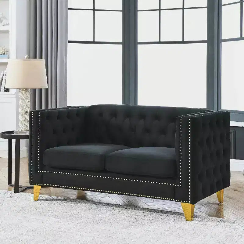 Button-Tufted Velvet Sofa with Square Arms and Metal Legs - Modern Upholstered Couch for Living Room or Bedroom