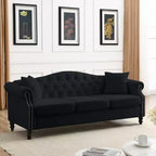 79 Black Velvet Chesterfield Sofa with Tufted Design - 3-Seater Couch featuring Rolled Arms and Nailhead Trim for Living Room (3S+3S)