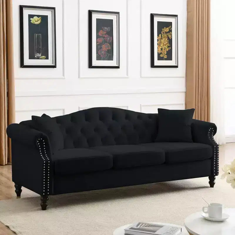 79 Black Velvet Chesterfield Sofa with Tufted Design - 3-Seater Couch featuring Rolled Arms and Nailhead Trim for Living Room (3S+3S)