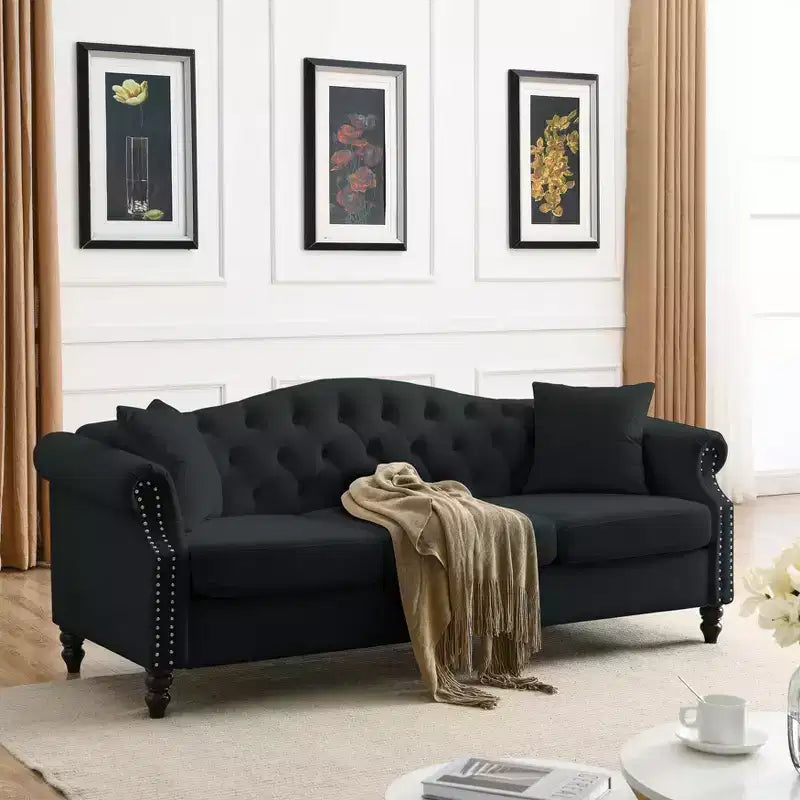 79 Black Velvet Chesterfield Sofa with Tufted Design - 3-Seater Couch featuring Rolled Arms and Nailhead Trim for Living Room (3S+3S)