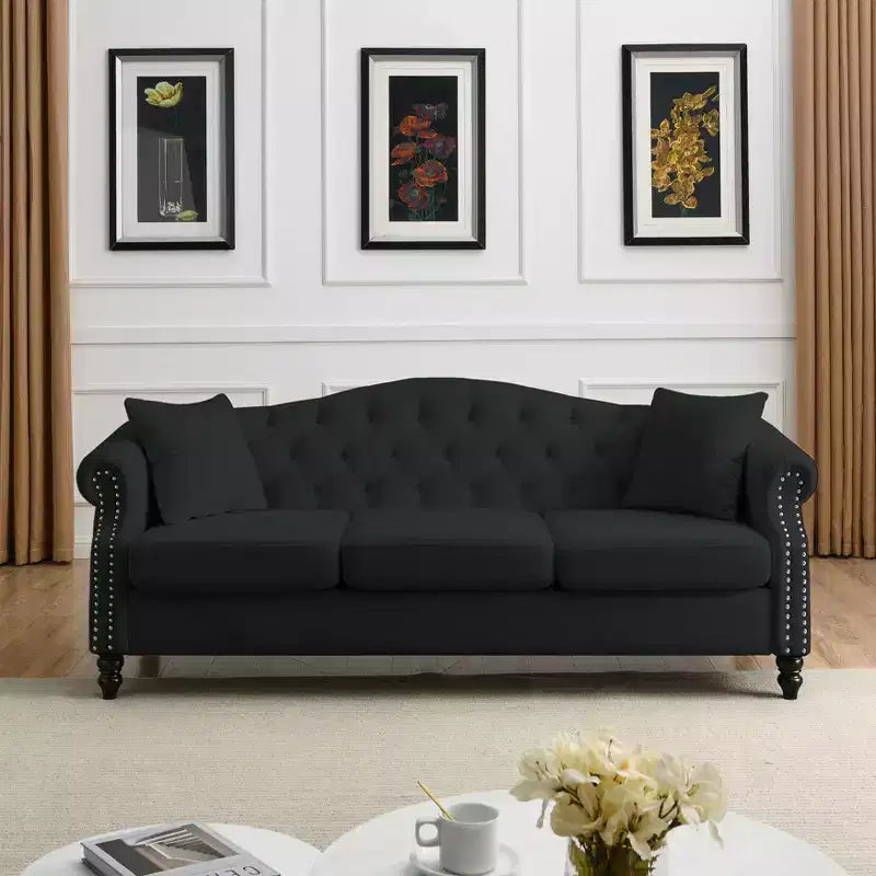 79 Black Velvet Chesterfield Sofa with Tufted Design - 3-Seater Couch featuring Rolled Arms and Nailhead Trim for Living Room (3S+3S)