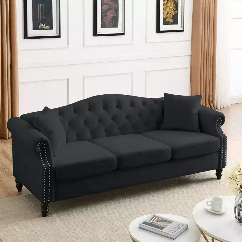 79 Black Velvet Chesterfield Sofa with Tufted Design - 3-Seater Couch featuring Rolled Arms and Nailhead Trim for Living Room (3S+3S)