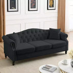 79 Black Velvet Chesterfield Sofa with Tufted Design - 3-Seater Couch featuring Rolled Arms and Nailhead Trim for Living Room (3S+3S)