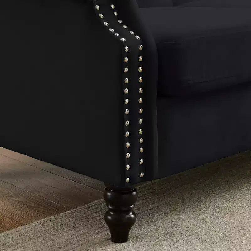 79 Black Velvet Chesterfield Sofa with Tufted Design - 3-Seater Couch featuring Rolled Arms and Nailhead Trim for Living Room (3S+3S)