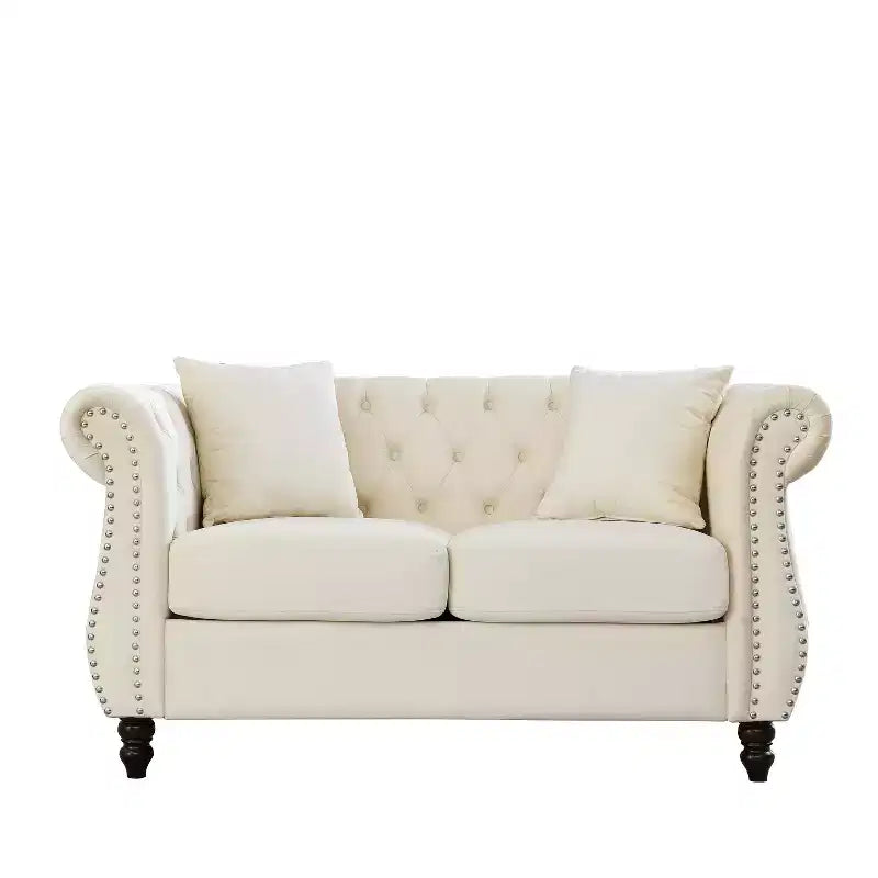58.8-Inch Velvet Chesterfield Sofa, 2-Seater Tufted Couch with Rolled Arms & Nailhead for Living Room - Includes Two Pillows