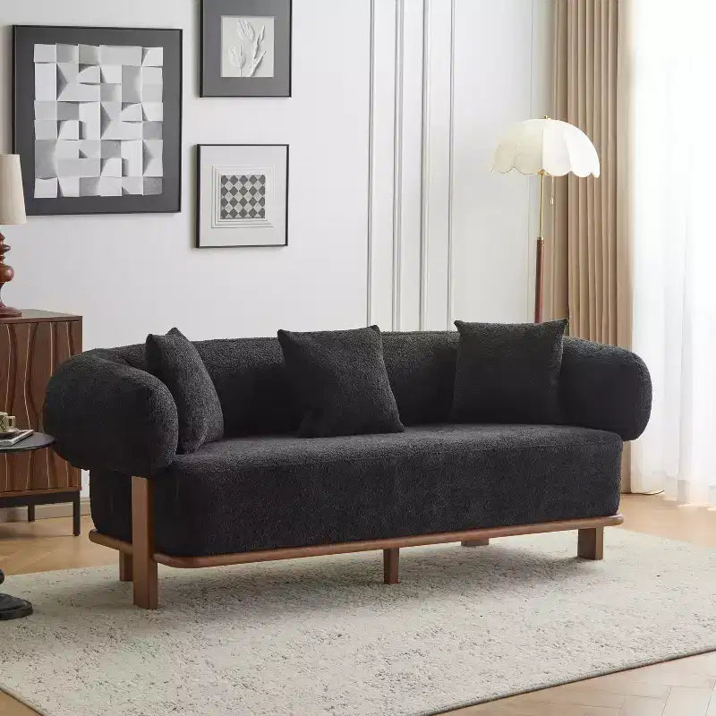 Christopher Knight Home Tadg 82 Rubberwood Boucle Upholstered 3 Seater Curved Sofa with 3 Pillows and Round Arm