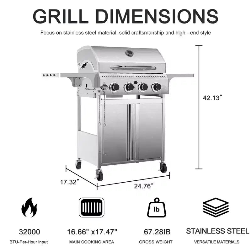 Barbecue à gaz propane R.W.FLAME à 4 brûleurs, 32 000 BTU, en acier inoxydable avec couvercle, roulettes et tablettes latérales pour la cuisine extérieure, le patio, le jardin et le camping