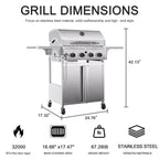 Barbecue à gaz propane R.W.FLAME à 4 brûleurs, 32 000 BTU, en acier inoxydable avec couvercle, roulettes et tablettes latérales pour la cuisine extérieure, le patio, le jardin et le camping