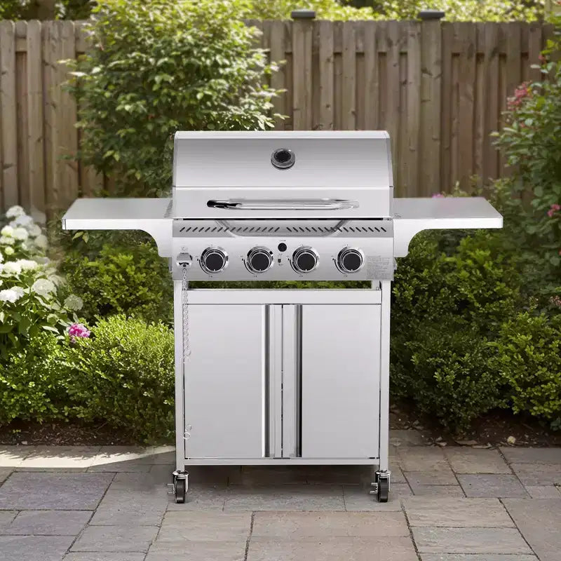 Barbecue à gaz propane R.W.FLAME à 4 brûleurs, 32 000 BTU, en acier inoxydable avec couvercle, roulettes et tablettes latérales pour la cuisine extérieure, le patio, le jardin et le camping