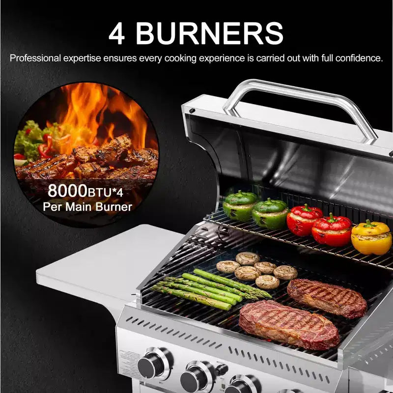 Barbecue à gaz propane R.W.FLAME à 4 brûleurs, 32 000 BTU, en acier inoxydable avec couvercle, roulettes et tablettes latérales pour la cuisine extérieure, le patio, le jardin et le camping