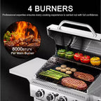 Barbecue à gaz propane R.W.FLAME à 4 brûleurs, 32 000 BTU, en acier inoxydable avec couvercle, roulettes et tablettes latérales pour la cuisine extérieure, le patio, le jardin et le camping