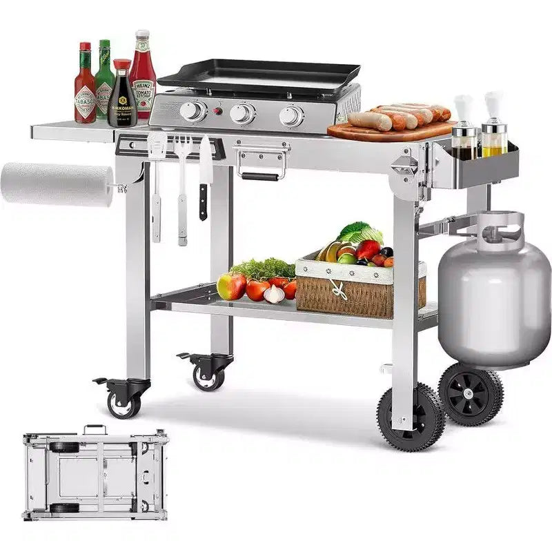 R.W.FLAME Portable Folding Grill Prep Table with Wheels, Stainless Steel BBQ Grill Stand for Camping, Tailgating and Outdoor Cooking
