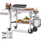 R.W.FLAME Portable Folding Grill Prep Table with Wheels, Stainless Steel BBQ Grill Stand for Camping, Tailgating and Outdoor Cooking
