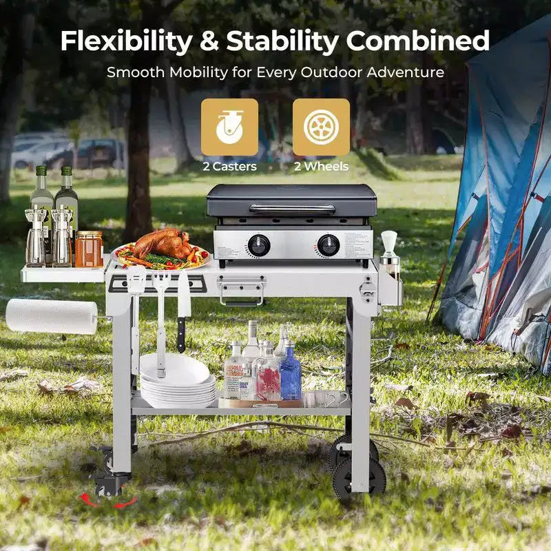 R.W.FLAME Portable Folding Grill Prep Table with Wheels, Stainless Steel BBQ Grill Stand for Camping, Tailgating and Outdoor Cooking