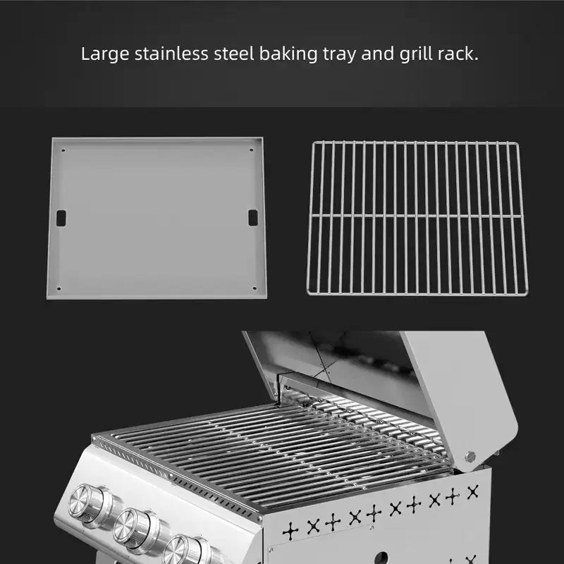 Plancha en acier inoxydable R.W. FLAME 24 avec 3 brûleurs haute performance (24 000 BTU), idéale pour les grands rassemblements en extérieur, le camping, les voyages en camping-car et les pique-niques