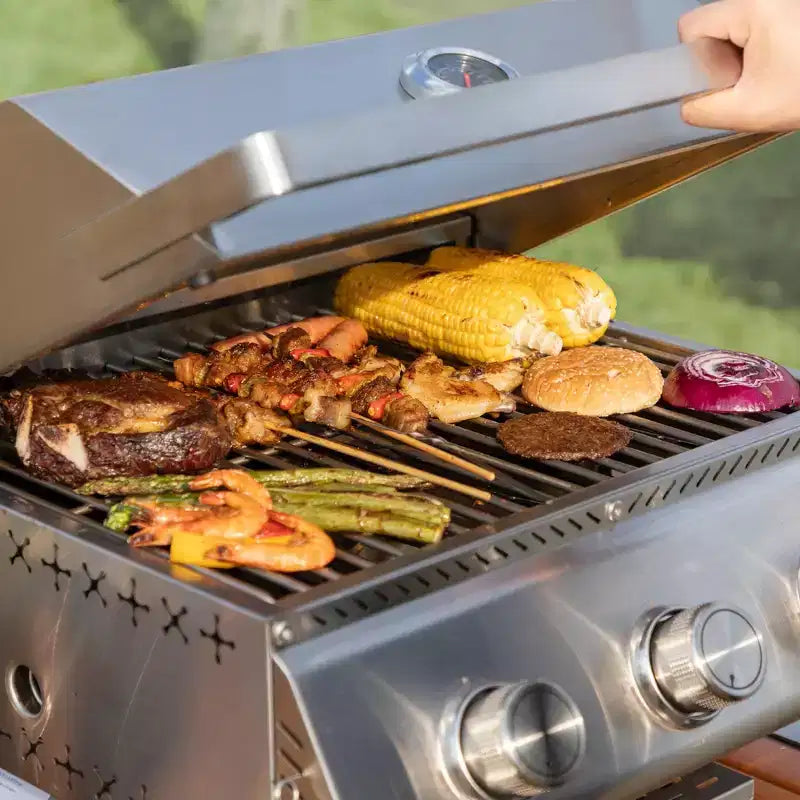 Plancha en acier inoxydable R.W. FLAME 24 avec 3 brûleurs haute performance (24 000 BTU), idéale pour les grands rassemblements en extérieur, le camping, les voyages en camping-car et les pique-niques