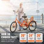 VEVOR Folding Adult Tricycle, 24-Inch Adult Folding Trikes, Lightweight Aluminum Alloy 3 Wheel Cruiser Bike with Large Rear Basket