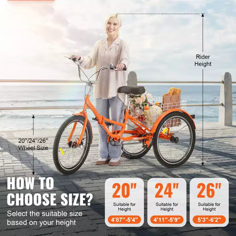 VEVOR Folding Adult Tricycle, 24-Inch Adult Folding Trikes, Lightweight Aluminum Alloy 3 Wheel Cruiser Bike with Large Rear Basket