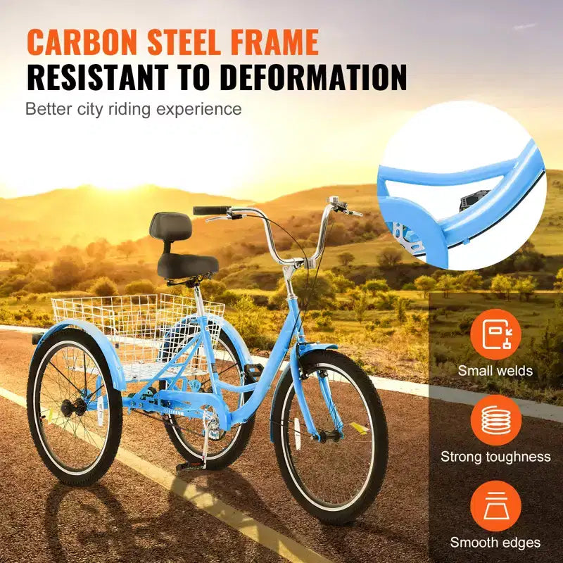 VEVOR Adult Tricycles Bike, 24 Inch Three-Wheeled Bicycles, 3 Wheel Bikes Trikes, Carbon Steel Cruiser Bike with Basket & Adjustable Seat