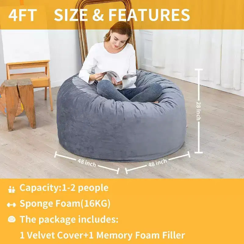 Pouf rond 4FT en velours, rempli de mousse, pour adultes et adolescents, siège doux et moelleux pour salon, dortoir ou espaces de détente