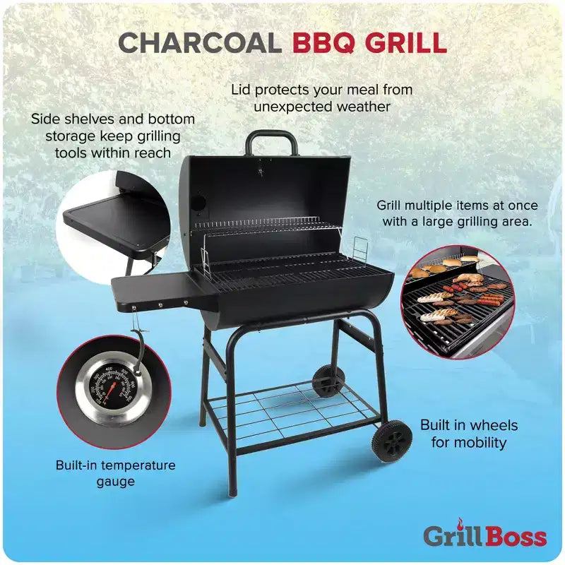 Grill Boss 30 Inch Barrel Charcoal Grill with Adjustable Grate, Large Cooking Area, Built In Temperature Gauge, and Durable Cast Iron Grates, Black
