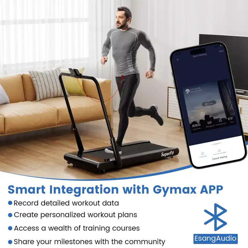 Tapis roulant pliable 3-en-1 Costway avec applications intelligentes, télécommande, écran LED et haut-parleurs bleu/argent
