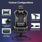 Douxlife Chaise de jeu ergonomique moderne avec massage en 7 points, repose-pieds et accoudoirs réglables, noir et gris
