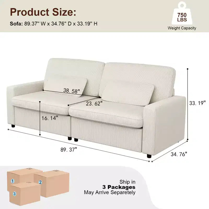 MUUEGM 89 Square Arm Corduroy Sofa| Upholstered Sofa with Deep Seat, Washable Cover, Removable Cushions