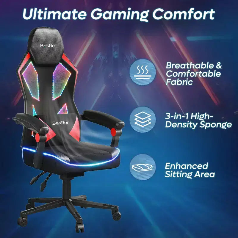 Bestier Breathable Fabric Gaming Chair with RGB LED Lighting and Adjustable Armrests