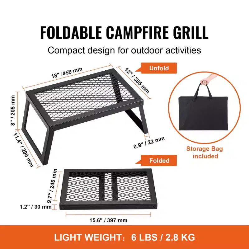 Gril de camping pliant VEVOR, grille en acier robuste, 18 grilles de camping portables pour foyer, équipement de cuisson pour feu de camp