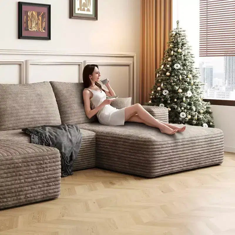 MAYEERTY 135 Cloud Sofa + Ottoman Camel - 135 + Ottoman, Corduroy, U-Shaped, No Assembly, for Living Room
