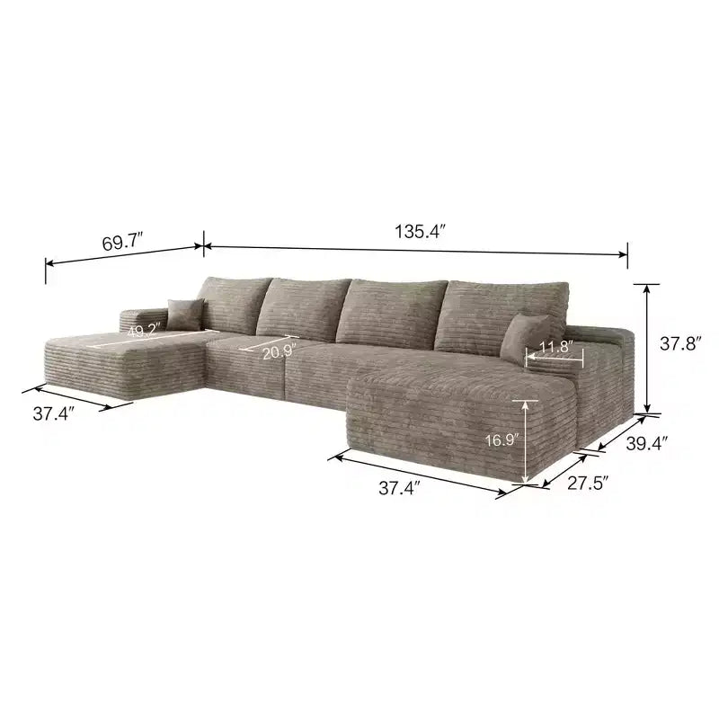 MAYEERTY 135 Cloud Sofa + Ottoman Camel - 135 + Ottoman, Corduroy, U-Shaped, No Assembly, for Living Room