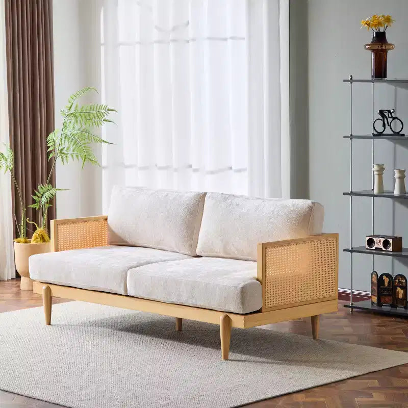 Christopher Knight Home Quince 72 Modern 3-Seater Rubberwood Velvet Upholstered Sofa with Cushion and Rattan Design