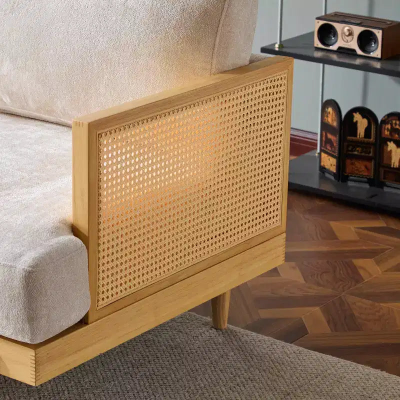 Christopher Knight Home Quince 72 Modern 3-Seater Rubberwood Velvet Upholstered Sofa with Cushion and Rattan Design